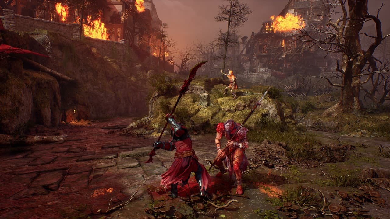 Nephilim fighting through a burning village in Crimson Moon